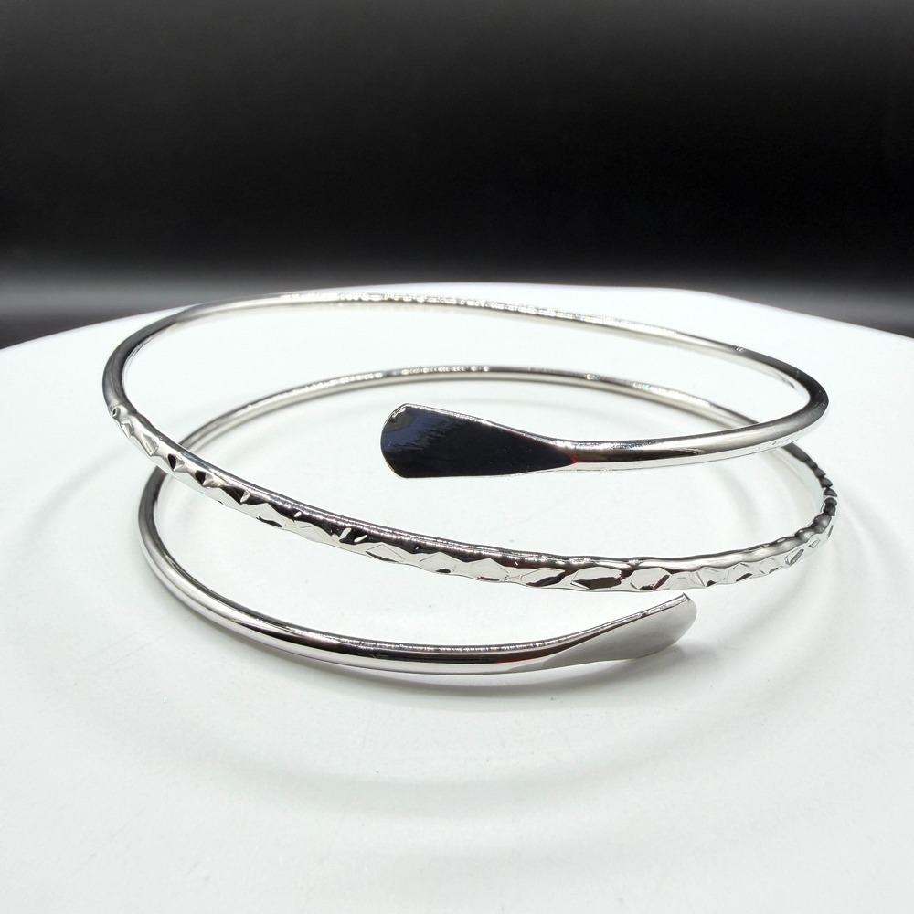 Silver Tone Triple Wrap Cuff Bracelet Hammered Textured Open Bypass Statement